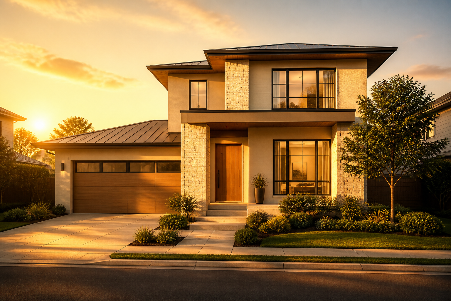 Golden sunlight illuminating a house facade at the ideal angle for real estate photography