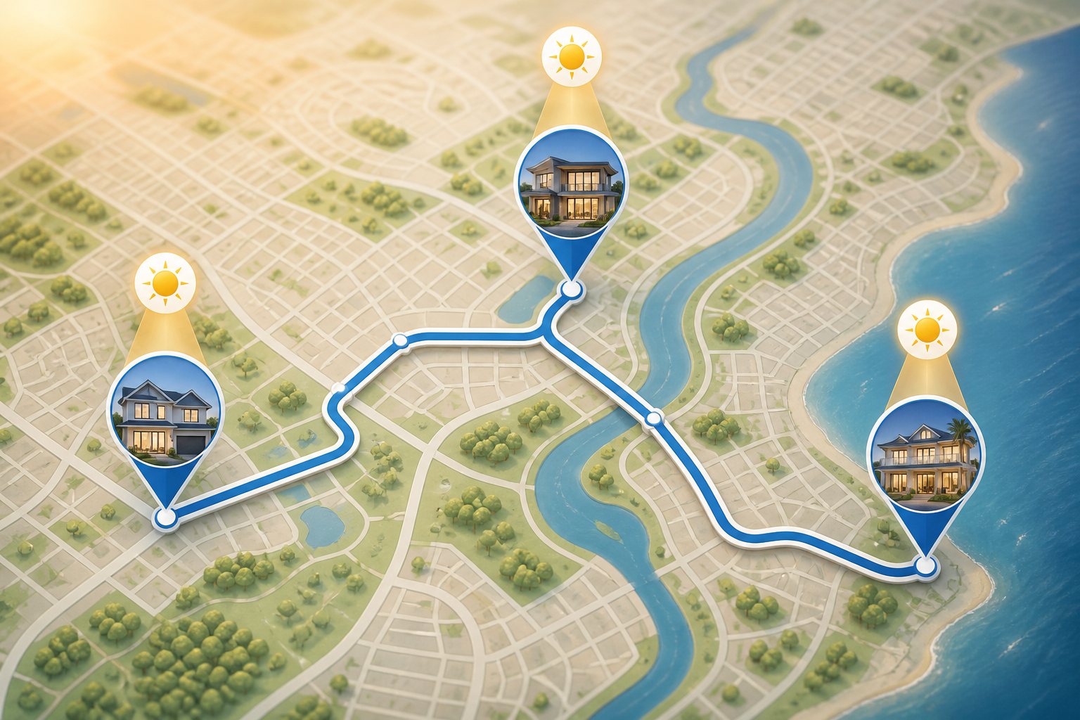 Map route connecting multiple property shoots with sun timing markers